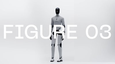 Figure 03 humanoid robot standing against a white background with its name in large text