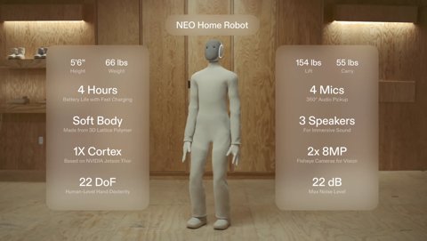 The 1X Neo humanoid robot standing in a modern home environment.