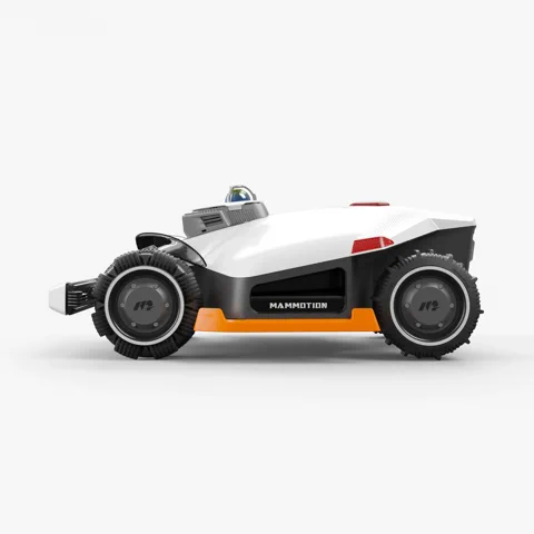 The Mammotion LUBA 3 AWD robotic mower shown from the side, highlighting its rugged all-wheel-drive wheels.