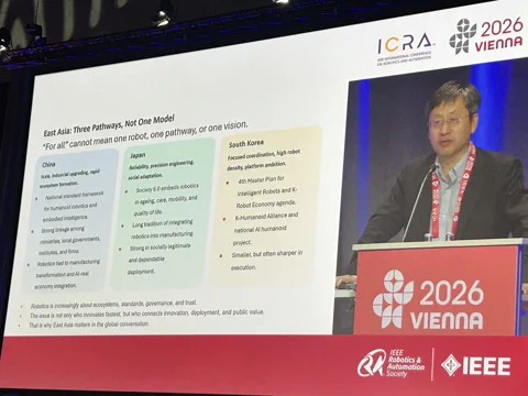 O Professor Hesheng Wang apresenta um slide na ICRA 2026 detalhando as diferentes estratégias de robótica da China, Japão e Coreia do Sul.