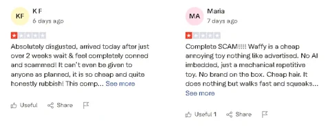 Egy tipikus, félrevezető online hirdetés képernyőképe egy olcsó robotkutya játékról.