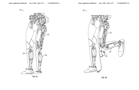 완전히 펴진 상태와 완전히 굽혀진 상태의 테슬라 옵티머스 다리 어셈블리를 보여주는 특허 도면.