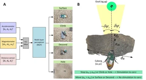 A diagram showing the AI model and control logic for the cyborg cockroach.