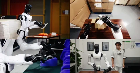 洗濯物を畳んだり倉庫で作業したりするAGIBOTのヒューマノイドロボットのコラージュ画像
